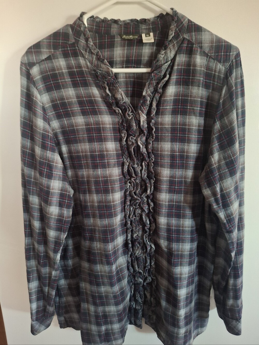 Eddie Bauer Plaid Button-Down Shirt in Blue and Gray with Ruffle Trim